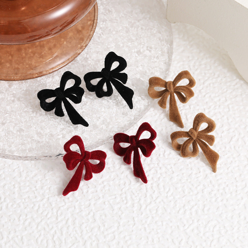 Silver Pin Earrings Autumn And Winter Flocking Bow