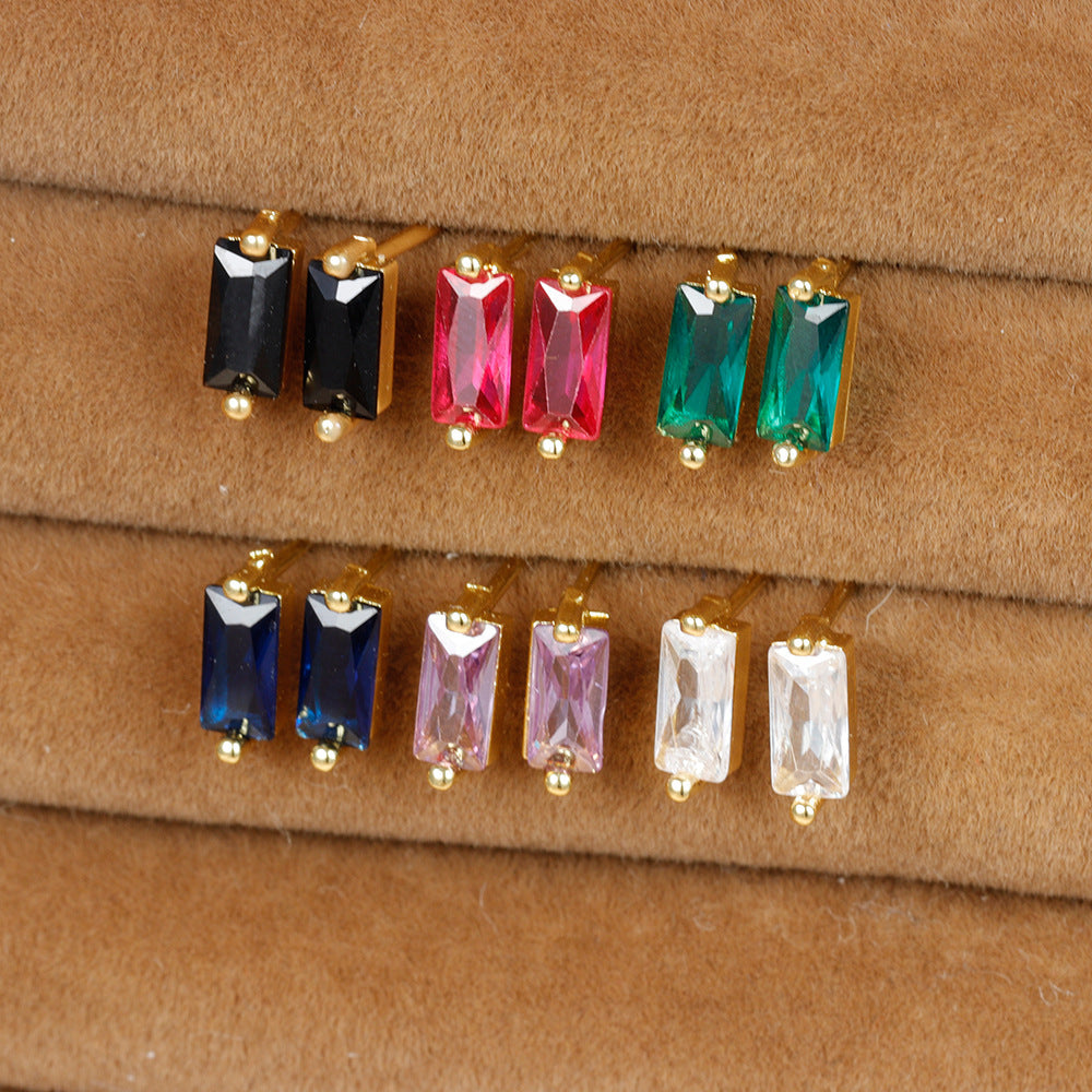 Simple Small Square Multicolor Zircon Silver Stud Earrings