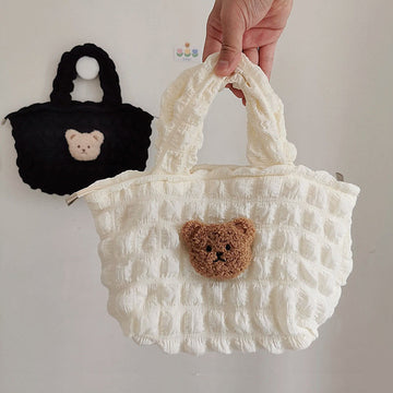 Plush Three-dimensional Teddy Bear Head Puffer Plaid Handbag